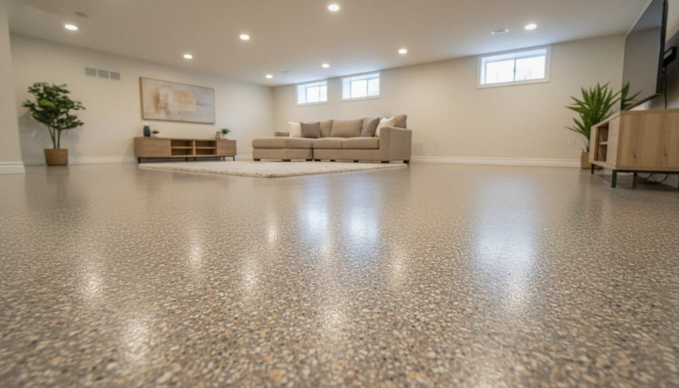 Glossy basement floor with light flake