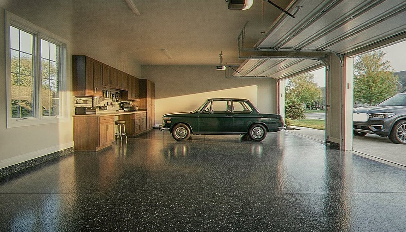 Glossy garage floor with gray vinyl flake